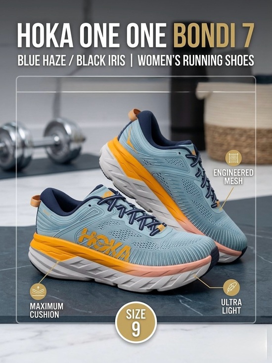 Hoka Shoes - Hoka One One Bondi 7 Blue Haze Black Iris Womens Running Shoes Size 9
